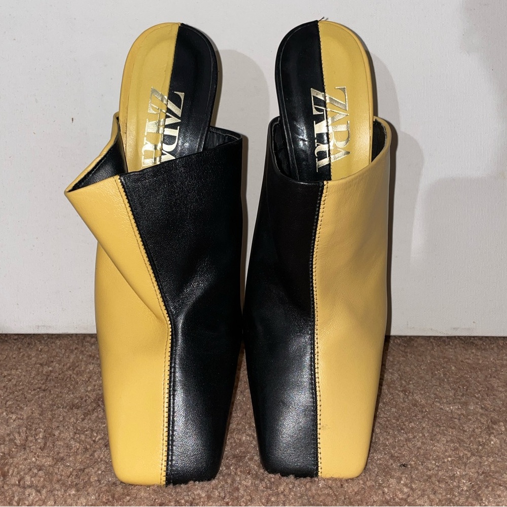 Zara Women Mule Shoes Two Toned Square Toe Size 6.5 Black & Yellow Leather